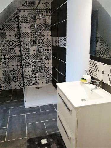 a bathroom with a sink and a shower at Gîtes des marais du Lozon - Maison à la campagne in Remilly-sur-Lozon