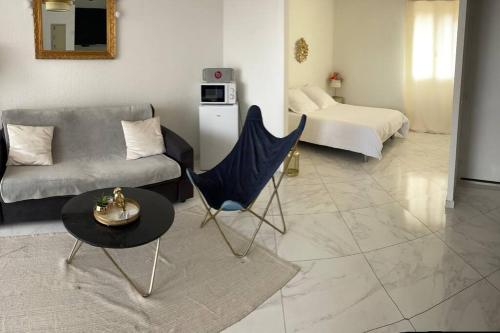 un salon avec un canapé et une chaise dans l'établissement T2 NEUF + BATEAU / PISCINE SUPER INFRASTRUCTURES, au Barcarès