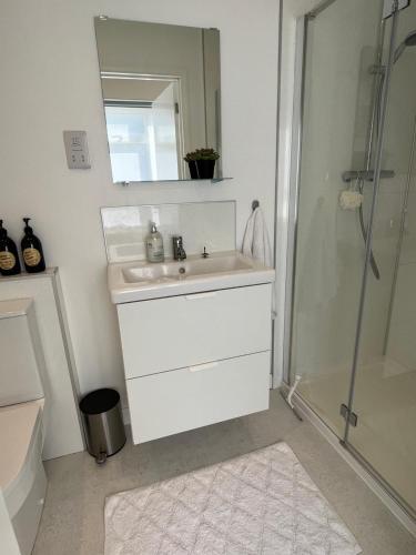 uma casa de banho branca com um lavatório e um chuveiro em Cosy 1 BR, 10min drive to Bath centre,Free parking em Bath