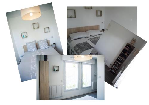 un collage de trois photos d'une chambre dans l'établissement kerizel, à Vannes