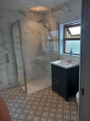 a bathroom with a shower and a sink and a mirror at Baywatch Inn in Dingle