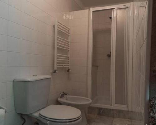 uma casa de banho branca com um WC e um chuveiro em Quinta do Pontido em Vieira do Minho