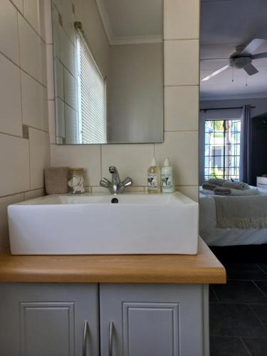 een badkamer met een witte wastafel en een spiegel bij Lemon Tree Manor - Urban Studio in Groblersdal