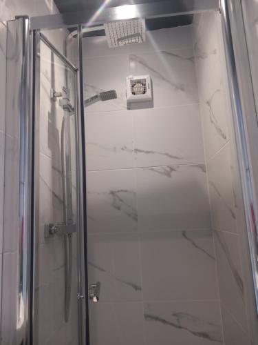 eine Dusche mit Glastür im Bad in der Unterkunft Baywatch Inn in Dingle