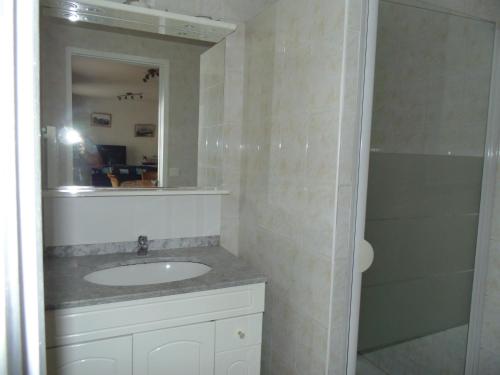 ein Bad mit einem Waschbecken, einem Spiegel und einer Dusche in der Unterkunft Maison de Pecheur in Port-en-Bessin-Huppain