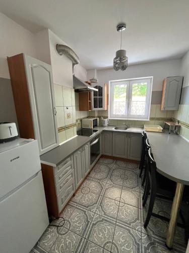a kitchen with a sink and a table in it at Apartament Na Wydmie - parter in Ustka