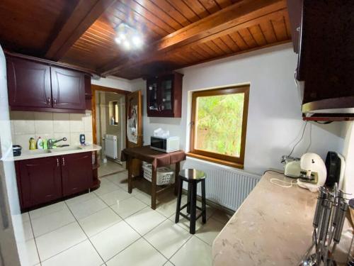 a kitchen with a sink and a desk in it at Máréfalvi vendégház in Băile Homorod