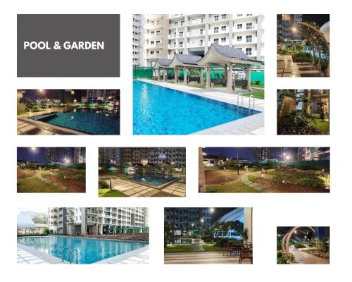 a collage of photos of a pool and garden at mandaluyong 2 br condo for rent in Manila
