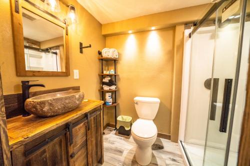 uma casa de banho com um lavatório e um WC em St. Elmo Hotel em Ouray