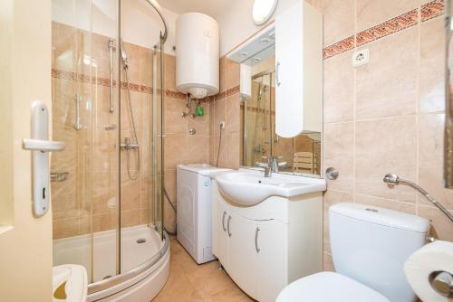 uma casa de banho com um WC, um lavatório e um chuveiro em CENTRO apartment em Zadar