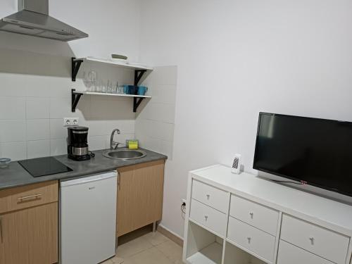 cocina con TV de pantalla plana en una encimera en Apartamento bajo en Mentidero, en Cádiz