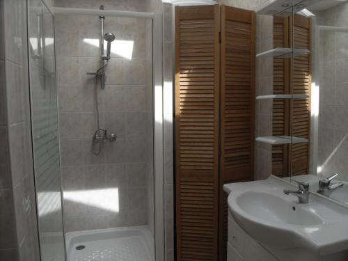 a bathroom with a shower and a sink and a toilet at Maison en Pierre in Port-en-Bessin-Huppain