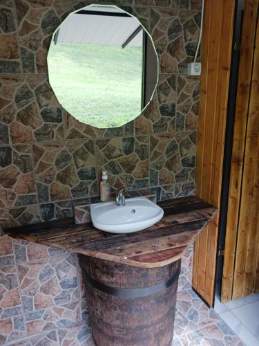 a bathroom with a sink and a mirror at Camping Ciungani in Ciungani