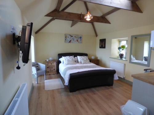 a bedroom with a large bed and a wooden ceiling at Cosy Studio Cottage in Lincoln