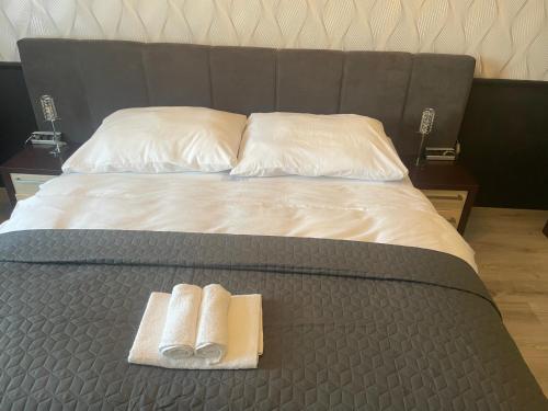 een bed met twee handdoeken en twee kussens erop bij Maroon pension in Piešťany