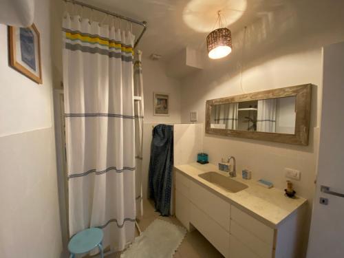 a bathroom with a sink and a shower curtain at Corbezzolo in Funtana Meiga