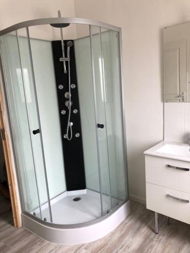 une douche en verre dans une salle de bain avec un lavabo dans l'établissement Studio meublé à 700 m de la plage, à Berck-sur-Mer