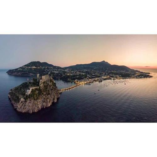 a small island in the water with a city at Casa Verdemare in Ischia