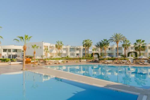 une grande piscine avec des palmiers et des bâtiments dans l'établissement Sharm Reef Resort, à Charm el-Cheikh