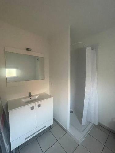une salle de bain blanche avec un lavabo et une douche dans l'établissement Appartement 2 pièces, à Fréjus