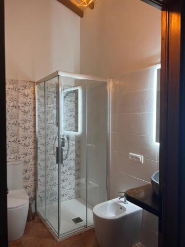 a bathroom with a shower and a toilet and a sink at Antica Colombaia in Volterra