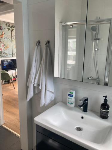 a bathroom with a white sink and a mirror at Seaview Penthouse Oostende in Ostend