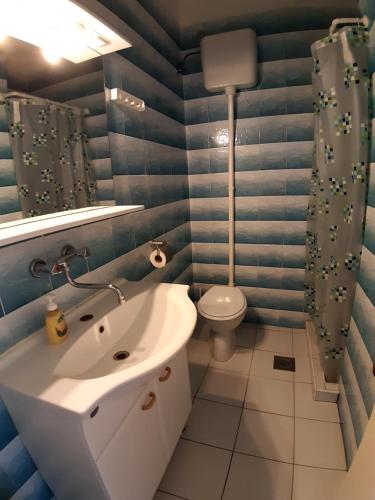 La salle de bains est pourvue d'un lavabo blanc et de toilettes. dans l'établissement Trim Rooms and Apartments, à Lovište