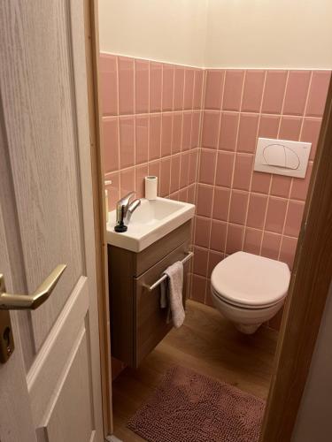 een roze badkamer met een toilet en een wastafel bij Serendipity Happy in Pécs