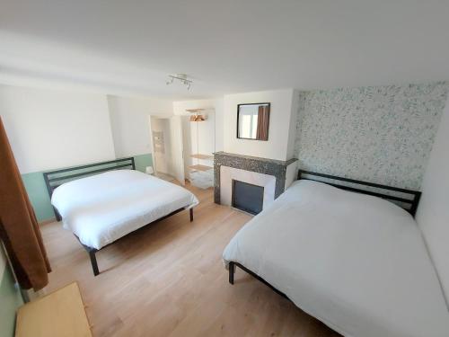 a bedroom with two beds and a fireplace at ° Appart 3 - Lunéville centre ° in Lunéville