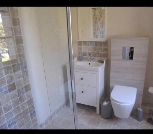 uma casa de banho com um chuveiro, um WC e um lavatório. em U Granu di Bellezza em Casta