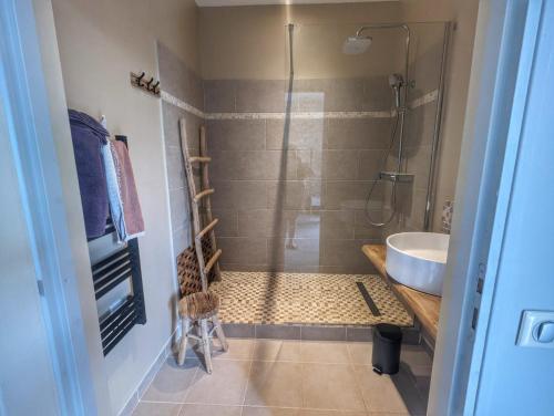 y baño con ducha y lavamanos. en LE CLOS DES LYS - Chambres avec jacuzzi - Nemours, en Treuzy-Levelay