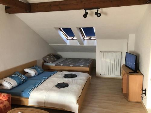 a bedroom with a bed and a couch and a television at Ferienwohnung in Weilburg in Weilburg
