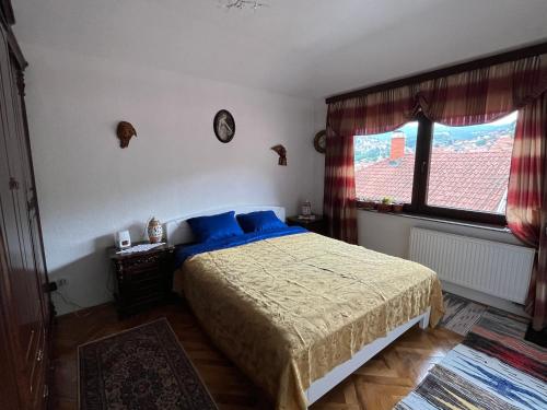 ein Schlafzimmer mit einem Bett mit blauen Kissen und einem Fenster in der Unterkunft Heart of Sarajevo - Bakarevica luxury apartman in Sarajevo