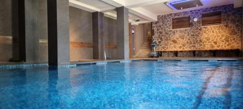 a swimming pool with blue water in a building at Vila Topaz in Baile Felix