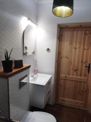 La salle de bains est pourvue d'un lavabo, de toilettes et d'un miroir. dans l'établissement Apartament Świerkowa 11, à Augustów