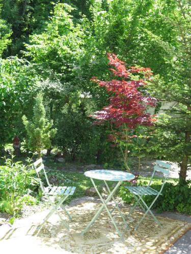 a table and two chairs and a tree with red flowers at CHAMBRES D'HÔTES LA MADELEINE in Vienne-le-Château