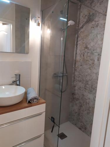 une salle de bain avec douche et lavabo dans l'établissement Studio jardin et plage à 13 min à pied, à Fréjus