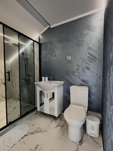 a bathroom with a toilet and a sink at Seagull Studio Byala in Byala