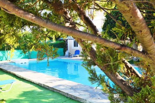 una piscina con agua azul y árboles en Dryoussa Apartments, en Pythagoreio