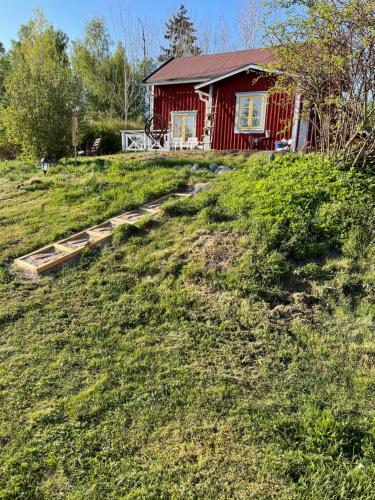 a red house on top of a grassy hill at Loves Bondgård in Sparreholm