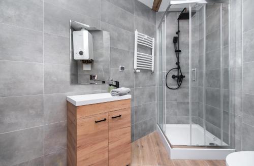 een badkamer met een douche, een wastafel en een toilet bij Apartament Mikołowska 2 in Gliwice