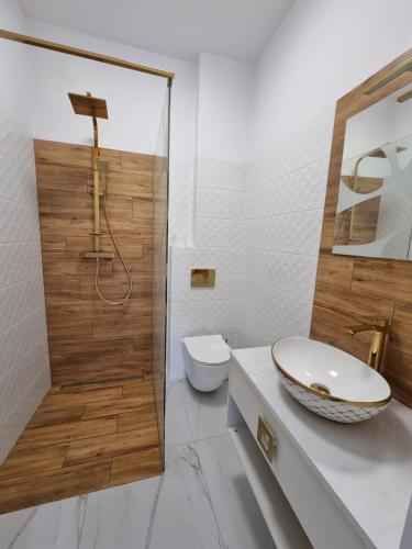 uma casa de banho com um WC, um lavatório e um chuveiro em Apartament Kosynka 