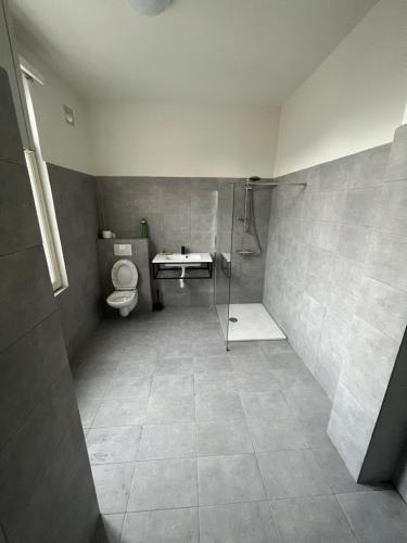 a bathroom with a shower and a toilet and a sink at Bkenkember Apart in Antwerp