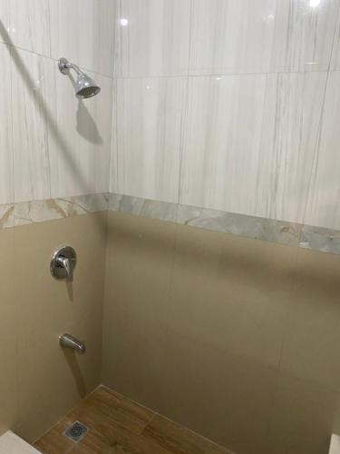 a shower with a glass door in a bathroom at Marshan villa in Montego Bay