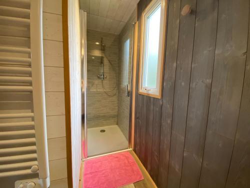 una doccia con una porta in vetro in un bagno di Camping la Venise Verte a Coulon