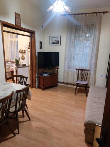 a living room with a television and a table and chairs at Privatni smestaj Apartman Ristovic preko puta poste 02 in Mataruška Banja