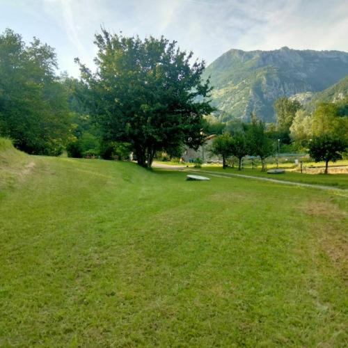 a park with a bench in the middle of a field at Le Macine in Magnano
