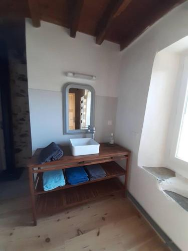 une salle de bain avec un lavabo et un miroir dans l'établissement LE SOULEILHOU, 4/6 pax, Gîte, Pyrénees, rando,calme&nature, à Oust