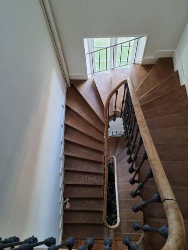 a group of pigeons walking down a spiral staircase at Grande maison familiale plein centre vieux Laval in Laval