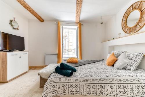 sypialnia z dużym łóżkiem i lustrem w obiekcie Soleil Sucré T2 Centre historique de Narbonne w mieście Narbona